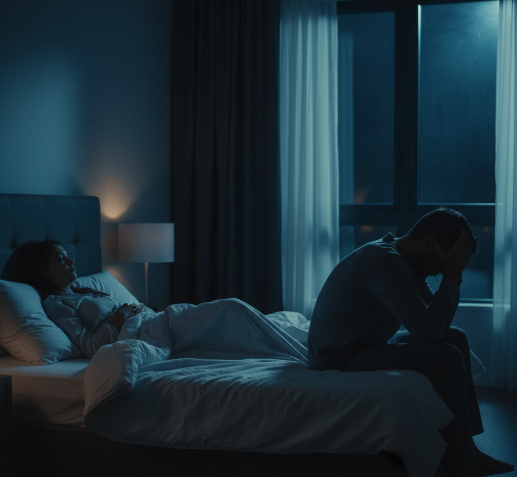 Somber bedroom scene depicting distress